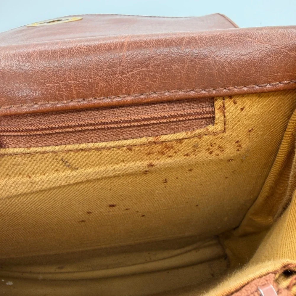 Vintage Carlo Calucci Ostrich Embossed Satchel Bag Brown Turn Lock Flap Brass